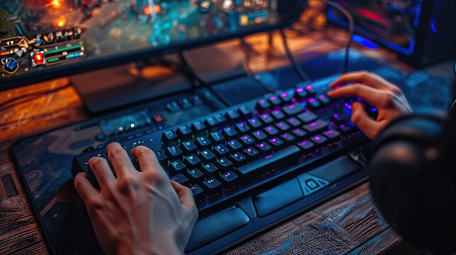 A close-up of dynamic keyboard lighting reflecting hands playing an action game